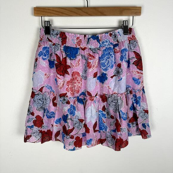 BB Dakota Steve Madden Skirt M Pink Blue Floral Tiered Ruffle First Class Mini - Picture 8 of 11